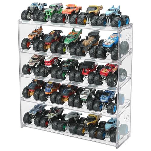 25 Monster Trucks Display Case for 1:64 Scale Monster Trucks 5-Tier Clear Monster Truck Storage Organizer Wall Mount Display Shelf Holds 25 Trucks Toy Car Display Case for Collectors & Kids