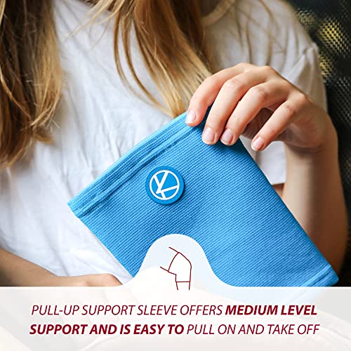 Image of KARM Kids Knee Brace Sleeve - Youth Knee Compression Sleeve for Kids, Child - Support for Pain, Sports, Football, Basketball, Gymnastics, Recovery, Boys & Girls (Blue) (Pack of 2)
