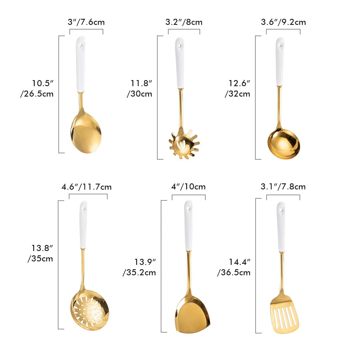 Küchenhelfer-Set 304 Edelstahl 7-teilig Gold Breite Spatel Suppenkelle Sieb Schlitzspatel Spaghetti Server Reislöffel Grün (Weiß)
