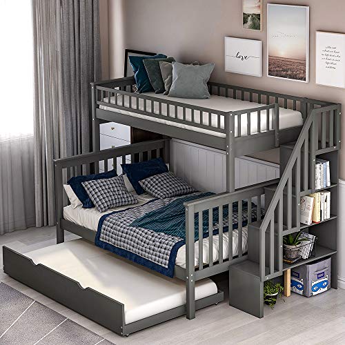 Twin Over Full Bunk Beds with Trundle, Rockjame Wood Space Saving Design Stairway Bunk Bed Frame with Storage, Convertible to 2 Separated Beds, Great for Kids and Teenagers (Gray) - Thumbnail 2