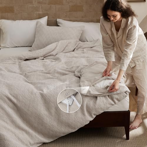 Image of Bedsure Waffle Duvet Cover King - 100% Cotton Duvet Cover Linen Color, Space-Dyed for Enhanced Bedroom Aesthetics, PureWoven and Stylish All-Season, 3-Piece Bedding Set with Button Closure, 104 inchx90 inch