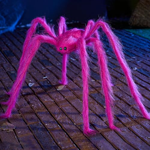Image of JOYIN Halloween Spider Decorations Outdoor, 5 Ft Giant Neon Colored Pink Spider with Green Eyes for Yard Lawn Garden Halloween Outside Decor, Indoor Haunted House Prop and Party Decor Home