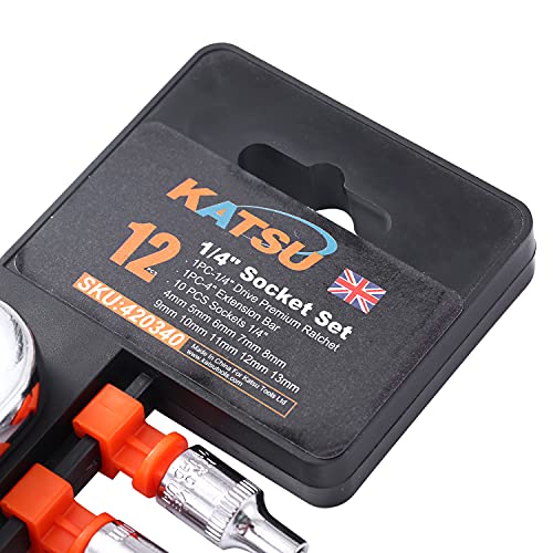 Image of KATSU 1 /4 Inch Socket Set 12Pcs, 4-13mm Metric Drive with 24-Teeth Quick-Released Ratchet Wrench and 4 inch Extension Bar, High Grade Chrome Vanadium Steel, Auto Repairing Garage Tool 420340