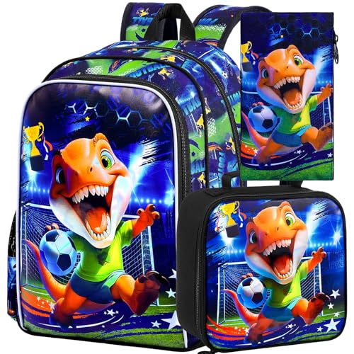 Image of 16 inch Dinosaur Soccer Backpack Set for Boys 4-8, 3Pcs Preschool Bookbag with Football Lunch Box & Pencil Case, Lightweight School Bag (Blue)