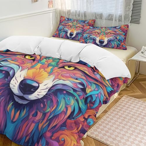 ZGDPBYF Conjunto de colcha King Size 3 peças, lobo animal selvagem psicodélico abstrato padrão lobo