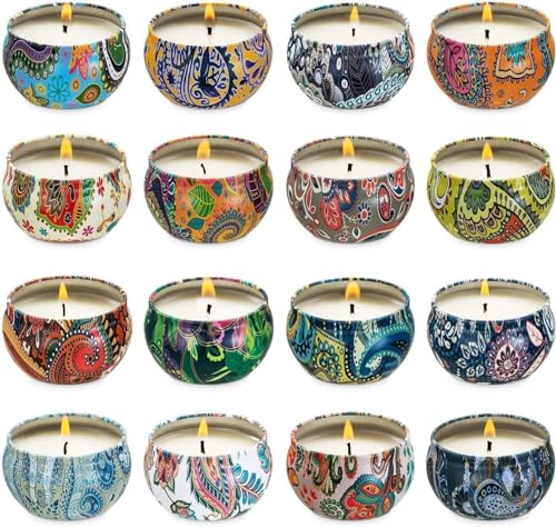 Image of 16 Pack Scented Candles Gift Set - Bohemian Paisley Soy Wax Travel Tins with Lids, 16 Scents Aromatherapy Candles for Women, Birthday & Wedding Favors