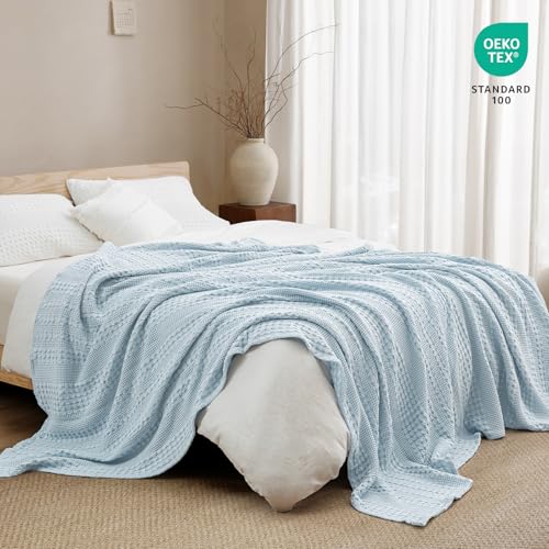 Image of PHF 100% Cotton Waffle Blanket King Size for Bed, Lightweight Breathable and Soft for Summer, Luxury Aesthetic Waffle Weave Blanket for Home Decor & Gifts for Women, 108 inchx90 inch, Sky Blue