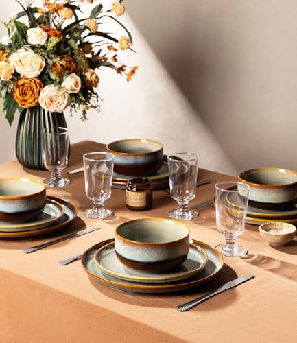 Image of Ceramic Dinnerware Sets for 8, 24 Pieces Handmade Reactive Glaze Plates and Bowls Set, Scratch Resistant Dish Set, Oven & Microwave & Dishwasher Safe, Dusk Blue