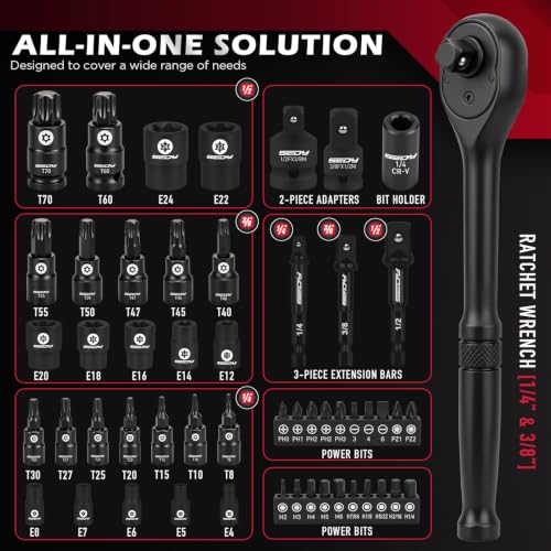 Image of 54-Piece Master Torx Bit Socket Set, T8-T70 Star Bits and E4-E24 E-Torx Sockets, Ratchet Wrench, 1 /4 inch Bit Holder, S2 Steel Bits, CR-V Sockets, Extension Bars and Adapters for Auto Repair
