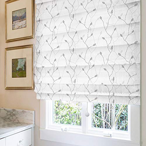 Cordless Roman Shades Window Shades, Grey Brance Leaf Blackout Light Filtering Custom Window Roman Blinds, 10% Linen Fabric Roman Shades For Windows, French Doors, Doors, Kitchen Windows #TOP1