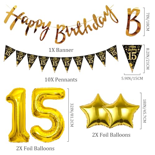 Xietaea Deko 15 Geburtstag Jungen Mädchen - Schwarz Gold Luftballons Happy Birthday Girlande Tortendeko, XXL Zahlenballon Hängende Spiralen und Wimpel für 15 Jahre Geburtstagsdeko