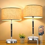 Tall Table Lamps Set of 2, Dual USB Touch Dimmable Lamps, 23 Inch 3-Way Bedside Lamp with Beige Linen Shades, Cream Nightstand Reading Lamps for Bedroom Living Room Hotel, Warm White Bulbs Included
