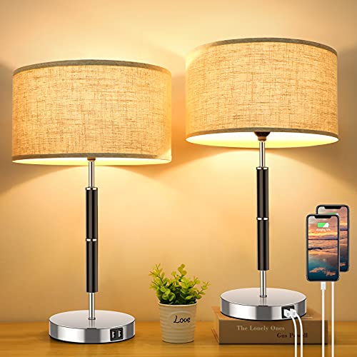 Tall Table Lamps Set of 2, Dual USB Touch Dimmable Lamps, 23 Inch 3-Way Bedside Lamp with Beige Linen Shades, Cream Nightstand Reading Lamps for Bedroom Living Room Hotel, Warm White Bulbs Included
