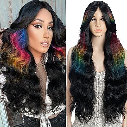FASHION IDOL Big Wavy Lace Front Wig with Curtain Bangs 36 Inches Long Dazzling Heat Resisatnt Synthetic Hair Body Wavy Wig Middle Part Cover