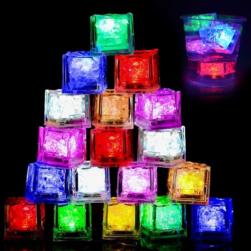 mizikuu 18 PCS Cubitos de Hielo LED, Multicolor Luces Bebidas Cubitos de Hielo con Sensor de Líquido Cubos de Hielo con Luz de Neón Decoración para Fiesta, Boda, Club, Bar