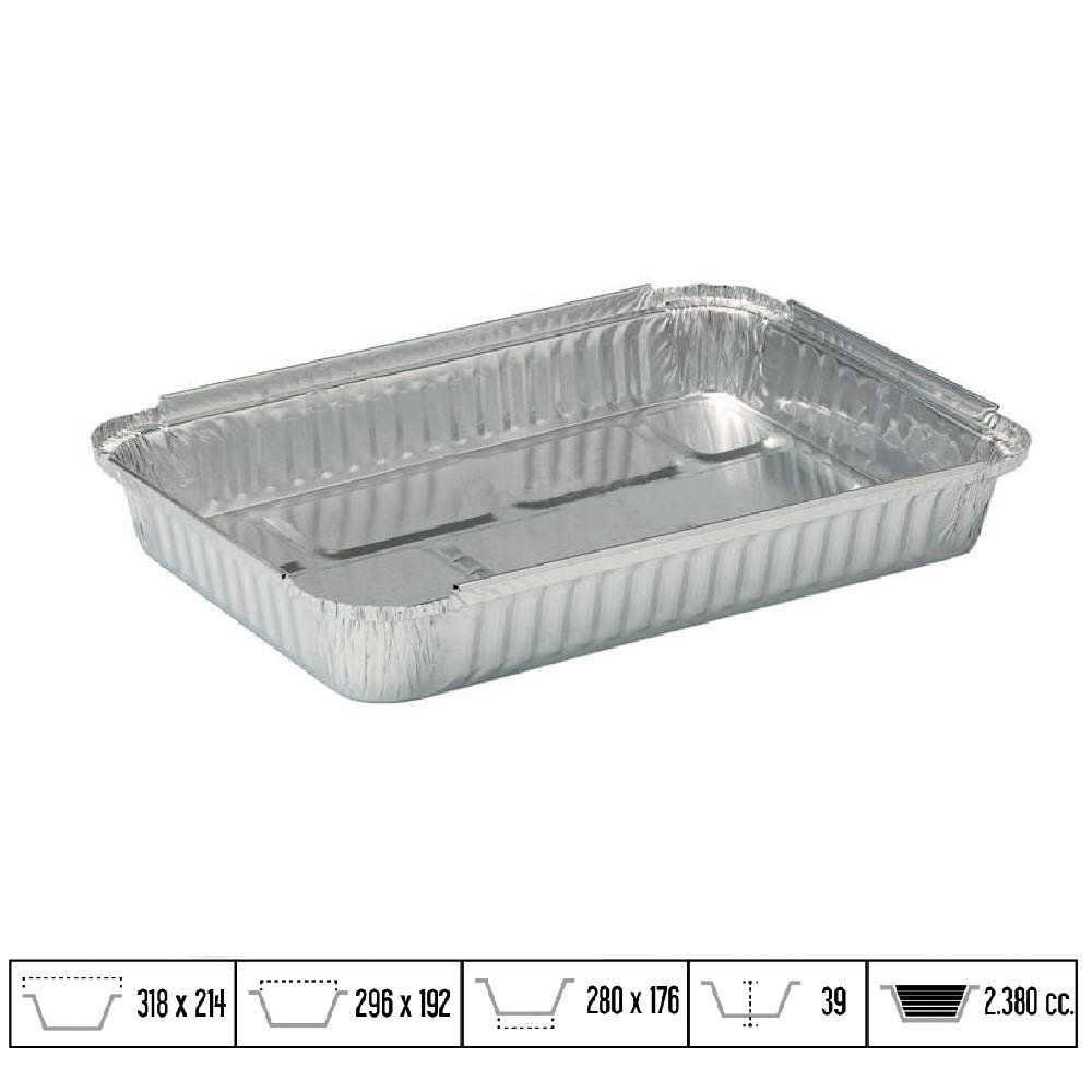 400 uds - Envase/recipiente de aluminio rectangular - Capacidad 2400 ml y tamaño 325x260x40 mm - Bandejas desechables y reciclables, apto para altas temperaturas