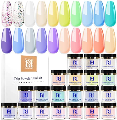 PrettyDiva Dip Powder Set - 20 Colors FEELIN' PLAYFUL Collection Pastel Macaron Dip Nail Powder, Spring Summer Bright Colors Nail Dip Powder Sparkly Glitter Bling Dipping Powder for DIY Salon Manicure