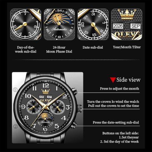Image of OLEVS Automatic Watches for Men Luxury Skeleton Multi-Function Mechanical Watch Self Winding Date Waterproof Luminous Mens Watch
