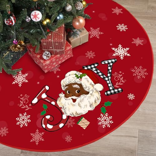 Tiamon Christmas Tree Skirt 48 Inch Black Santa Tree Skirt African American Xmas Tree Mat Decor Snowflake Joy Santa Claus Tree Decor for Winter Holiday Christmas Tree Decoration Supplies(Red)