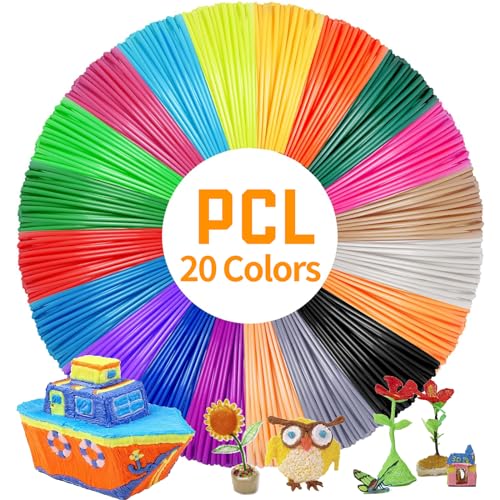 PCL Filamento de Pluma 3D 1,75 mm, 20 Colores, 5 m Cada Color, Recarga Filament Bolígrafo 3D Longitud Total 100M, 3D Pen Refills Materiales, Consumibles de Impresión 3D e Lapiz 3D