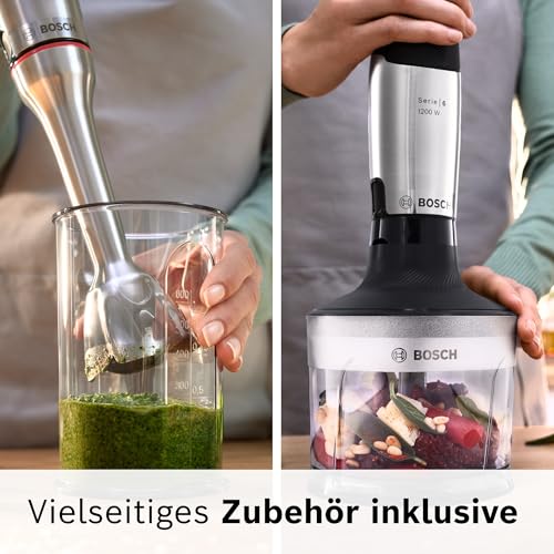 Foto von Bosch Stabmixer ErgoMaster Serie 6, Zerkleinerer, einhändig bedienbar, 4 Edelstahl-Klingen verschleißfreie Keramik-Kupplung, Luftkühlung, langlebig, Mixbecher, leistungsstark, 1200 W, MSM6M830
