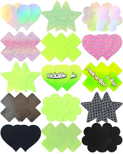 15 Pairs Nipple Pasties Boob Stickers Nipple Covers for Women Thin Heart Star X Rave Pasties