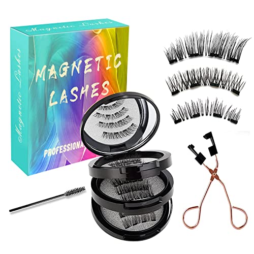 Faux Cils Naturel Magnetique 3D, Faux Cils Magnétique, Cils Naturels Réutilisables, Cils Magnétiques sans Eyeliner, Avec Pince à épiler et Brosse à Mascara, Sans Colle (3 paires) Cover