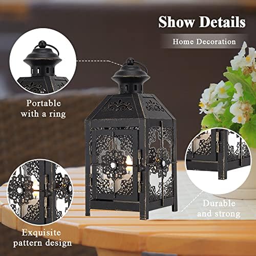 JHY DESIGN Set of 2 Decorative Hanging Candle Lantern 23cm High Vintage Glass Lantern Metal Candle Holder Home Accessory for Indoor Outdoor Balcony Hallway Living Room (Black with Gold Brush)