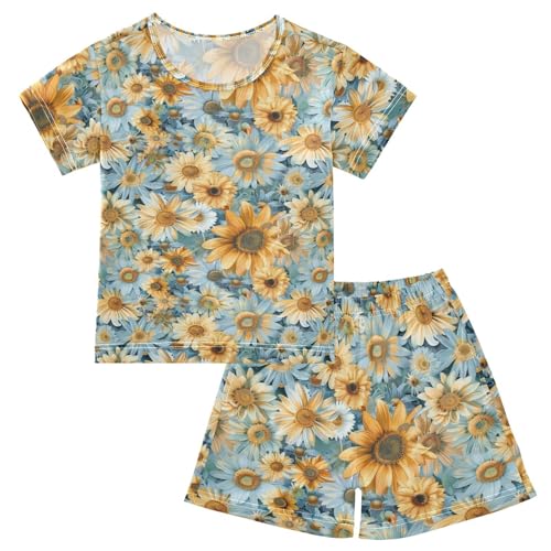 ALAZA Daisy Flowers Sunflowers Pajama Set Short Sleeve Sleepwear Soft Lounge Nightwear