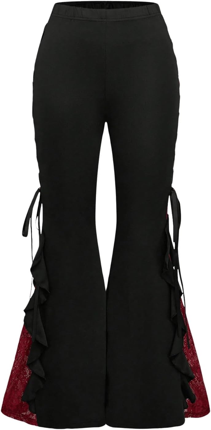 Verdusa Women's Y2k Goth Contrast Lace Bell Bottom Flare Ruffle Pants Grunge Gothic Clothes - Image 3