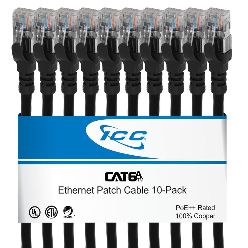 ICC CAT6A U/FTP UL Listed RJ45 Ethernet Patch Cord, Stranded, 500 MHz, Pure Bare Copper Wire, 26 AWG, LAN Network Patch Cable, Slimline Strain Relief, Black, 1 FT, 10-Pack