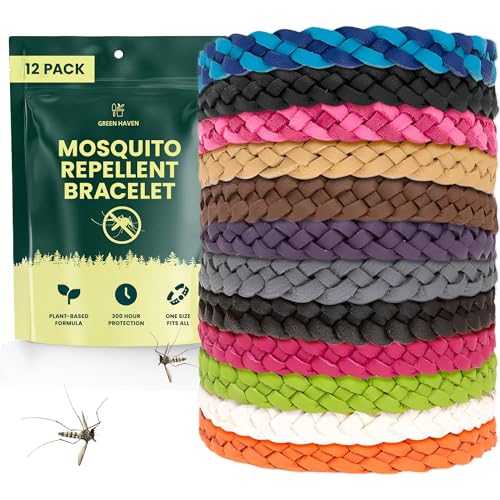 Green Haven Mosquito Repellent Bracelet 12 Pack – DEET-Free Natural Mosquito Bands, Waterproof Insect Repellent Bracelets for Adults & Kids – Long-Lasting Bug Protection, Holiday & Travel Essentials