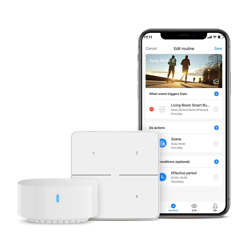 Broadlink app interface on a smartphone showing routine setup, next to a Broadlink Smart Button and the S3 Hub.