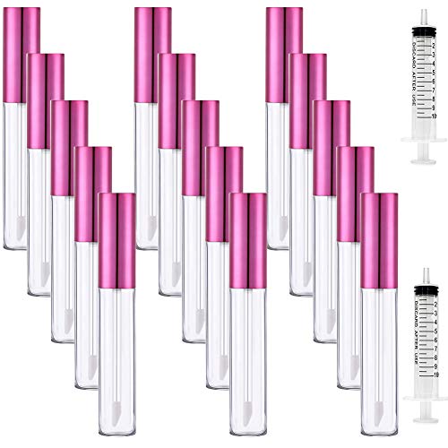 15 PCS 10ml Lip Gloss Tubes Clear Lip Gloss Containers Empty Lip Balm Bottle with Rubber Stoppers and 2 Syringe for Women Girl （Rose Red）