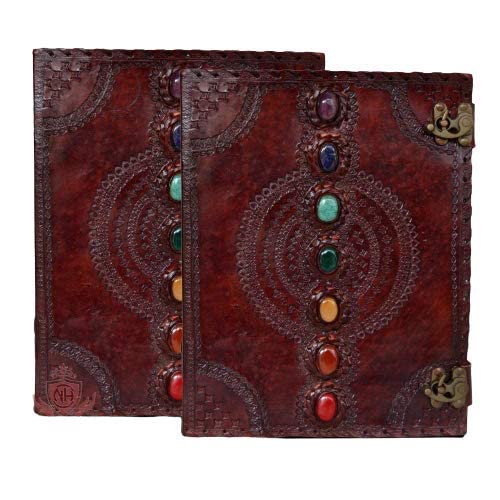 TUZECH - Diario De Cuero Hecho A Mano Con Piedra Medieval De Siete Chakras, Libro De Sombras, Cuaderno De Oficina, Libro Universitario, Libro De Poesía, Libro De Bocetos, 14 X 22 Pulgadas