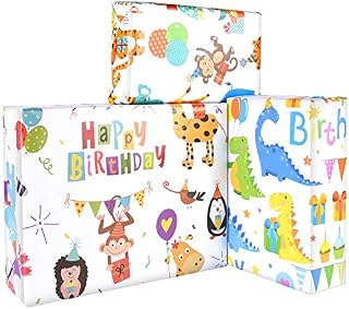 PLULON 6 Sheets Kids Dinosaur Happy Birthday Gift Wrapping Paper, Cute Cartoon Animal Birthday Wrapping Paper, Gift Wrap Paper Craft Present for Gift and Party