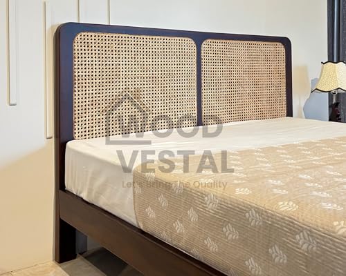 Image of Wood Vestal Sheesham Wood Bed with Cane Rattan Headboard & Footboard, Solid Wood in Walnut Finish, Modern Design | Queen Size - (78 inchx60 inch) | Without Mattress & Side Tables | Low Highted | CN - 5' - D