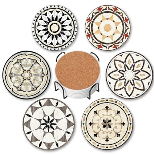 Baalaka Drink Coasters Set of 6 with Holder, Ceramic Absorbent Coaster for Drinks, Boho Coasters with Cork Base for Tabletop Protection, Coffee Table Decor 4 inches