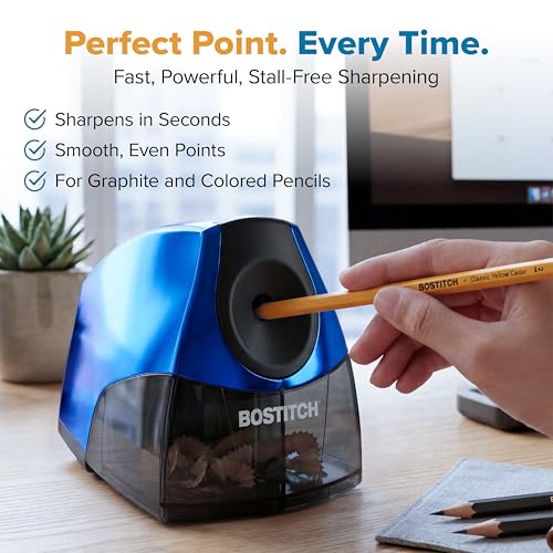 Image of Bostitch Office Electric Pencil Sharpener for Classroom & Desk Use, Heavy-Duty Stall-Free Motor, High-Capacity Shavings Tray, Metallic Blue