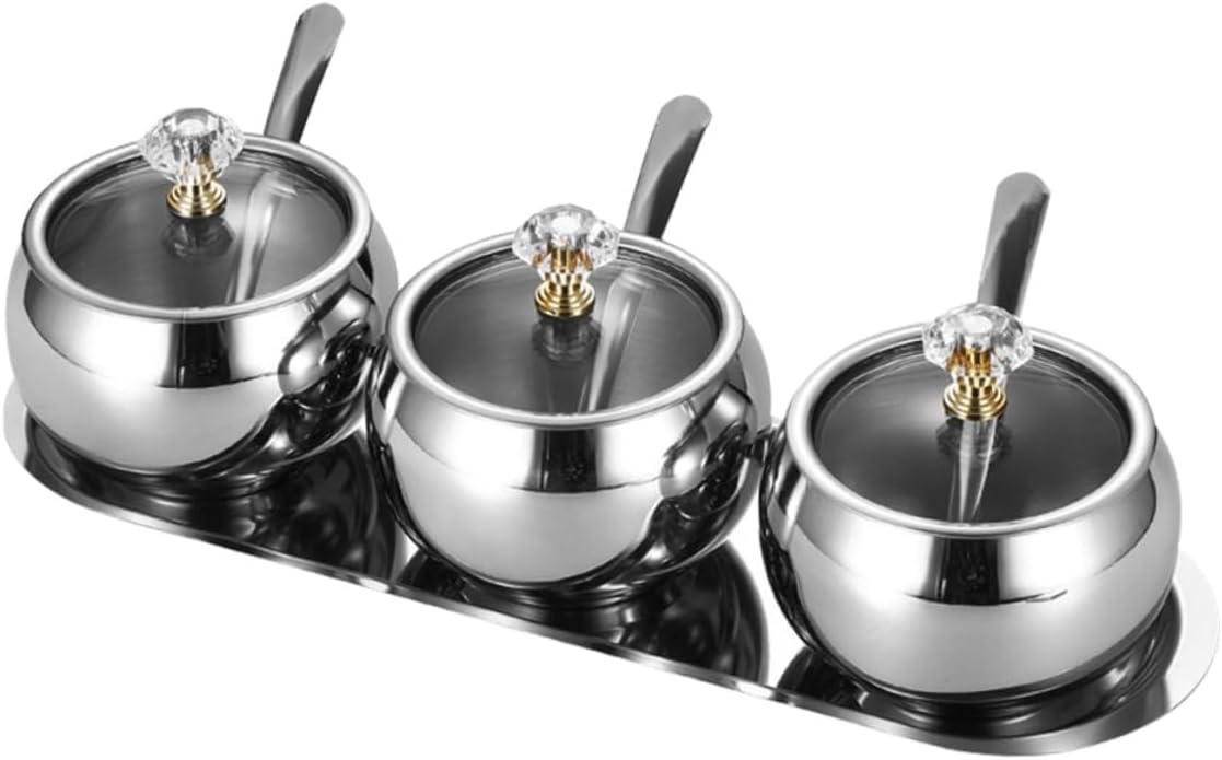 Stainless Steel Seasoning Storage Organizer Set with Lid and Spoon, Sugar Bowl Condiment Jar for Kitchen, Salt Pepper Spice Container with Tray, 4pcs Sturdy Serving Pot