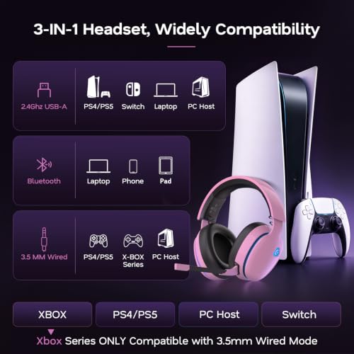 Image of AOC 2.4GHz Wireless Gaming Headset for PS5, PS4, Switch, 45Hr, Blush Pink | Bluetooth 6.0 Gaming Headphones with Noise Canceling Mic, 7.1 Virtual Surround, Great for Fortnite & Call of Duty /FPS Gamers