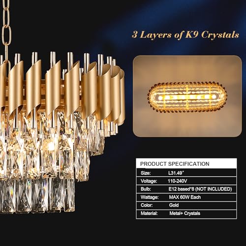 Image of Modern Rectangular Chandelier Gold Crystal Chandeliers for Dining Room