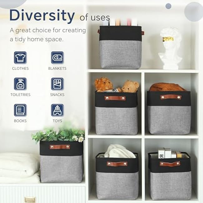 Cube Storage Baskets 6 Pack, 11x11 inch Foldable Cube Storage Bins with Leather Handles for Shelf Closet Nursery Toys (Black/ Gray)