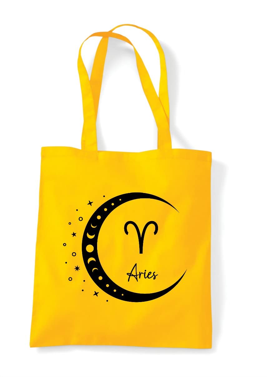 Horoscope - Aries - Zodiac Star Sign Birthday (Moon Phases Cut Out Crescent) tote shopping bag - Yellow