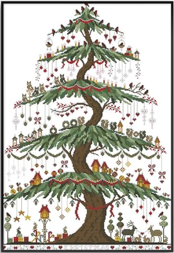 Image of Qeerysew Cross Stitch Kit Stamped Full Range of Embroidery Starter Kits for Beginners DIY- Printed kit Christmas Tree (2) (Printed) 14CT 18.9x25.98 inches