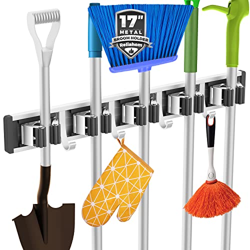 Image of reliahom Broom Holder Wall Mount Mop Hanger Tools organizer 5Racks 4Hooks
