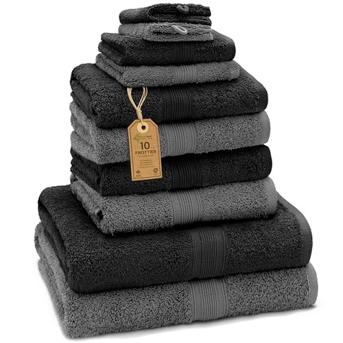 GREEN MARK Textilien 10 TLG. FROTTIER Handtuch-Set mit verschiedenen Größen 4X Handtücher, 2X Duschtücher, 2X Gästetücher, 2X Waschhandschuhe (10 TLG. FROTTIER Set, Anthrazit/Schwarz)