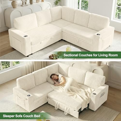 Image of Sectional Sleeper Sofa with Pull Out Bed, Modular Corner Sofa with Storage, Sectional Couches for Living Room, Convertible Sofa Bed for Living Room, Bedroom and Apartment, Beige