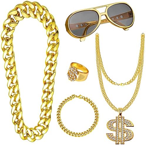 Yontree 5Pcs Hip Hop Costume, 80S/90S Fancy Dress Accessories For Kids Adult, Fake Gold Chain Bracelet, Dollar Sign Necklace, Ring, Hippie Glasses Rapper Disco Outfit
