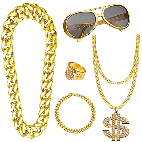 5pcs Hip Hop Costume 80s/90s Hip Hop Fancy Dress Accessories for Adult Fake Gold Chain Bracelet Fake Dollar Sign Necklace Hip Hop Ring Hippie Glasses for Hippie Rapper Disco Outfit